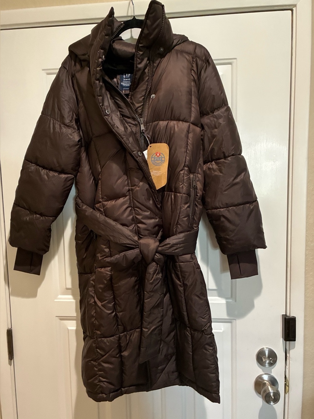 GAP XS oversized long Brown Puffer Jacket with Detachable Hood and tie waist